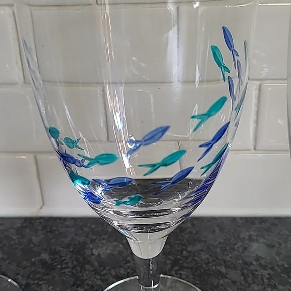 Barstow Cut Glass Blue and Turquoise Fish Goblets - Set of 4 - Picture 2 of 9